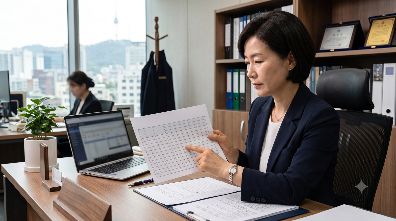 총지배인이 완성된 프런트 근무표 문서를 손에 들고 결재 전에 살펴보는 장면