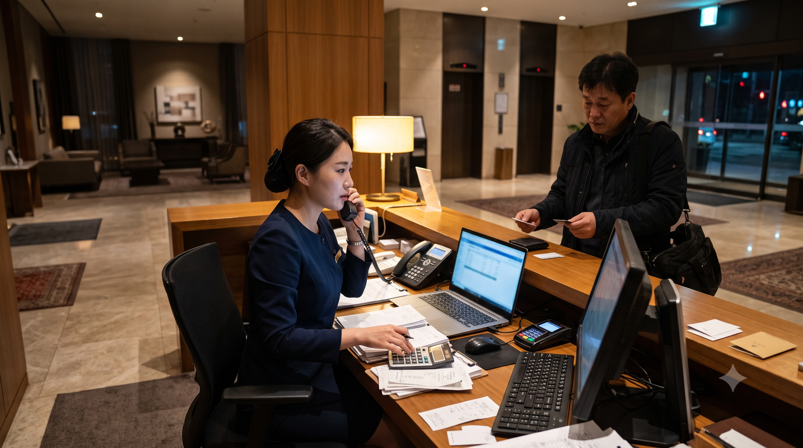호텔 프런트 나이트 근무자 한 명이 심야에 정산 서류와 전화 응대, 심야 체크인을 동시에 감당하는 분주한 장면