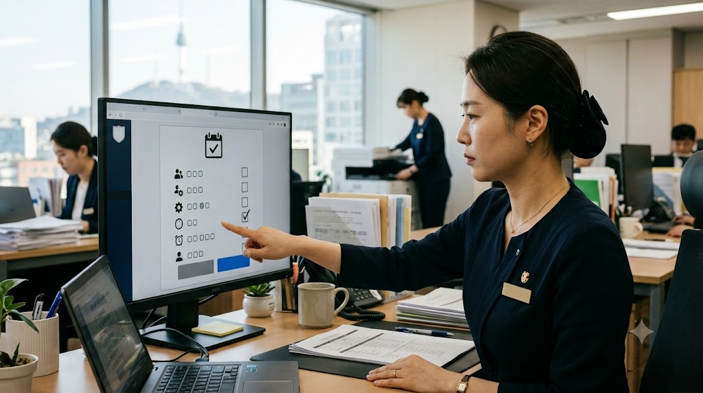 근무표를 공개하기 전 관리자가 일곱 가지 법규 항목을 하나씩 짚어가며 점검하는 장면