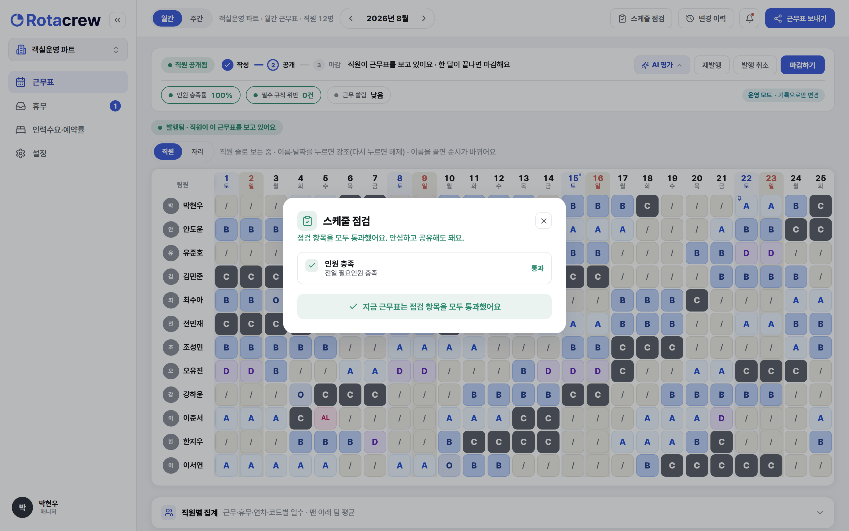 스케줄 점검 패널. 점검 항목을 모두 통과하면 인원 충족 통과 표시와 안심하고 공유해도 된다는 안내가 뜬다.