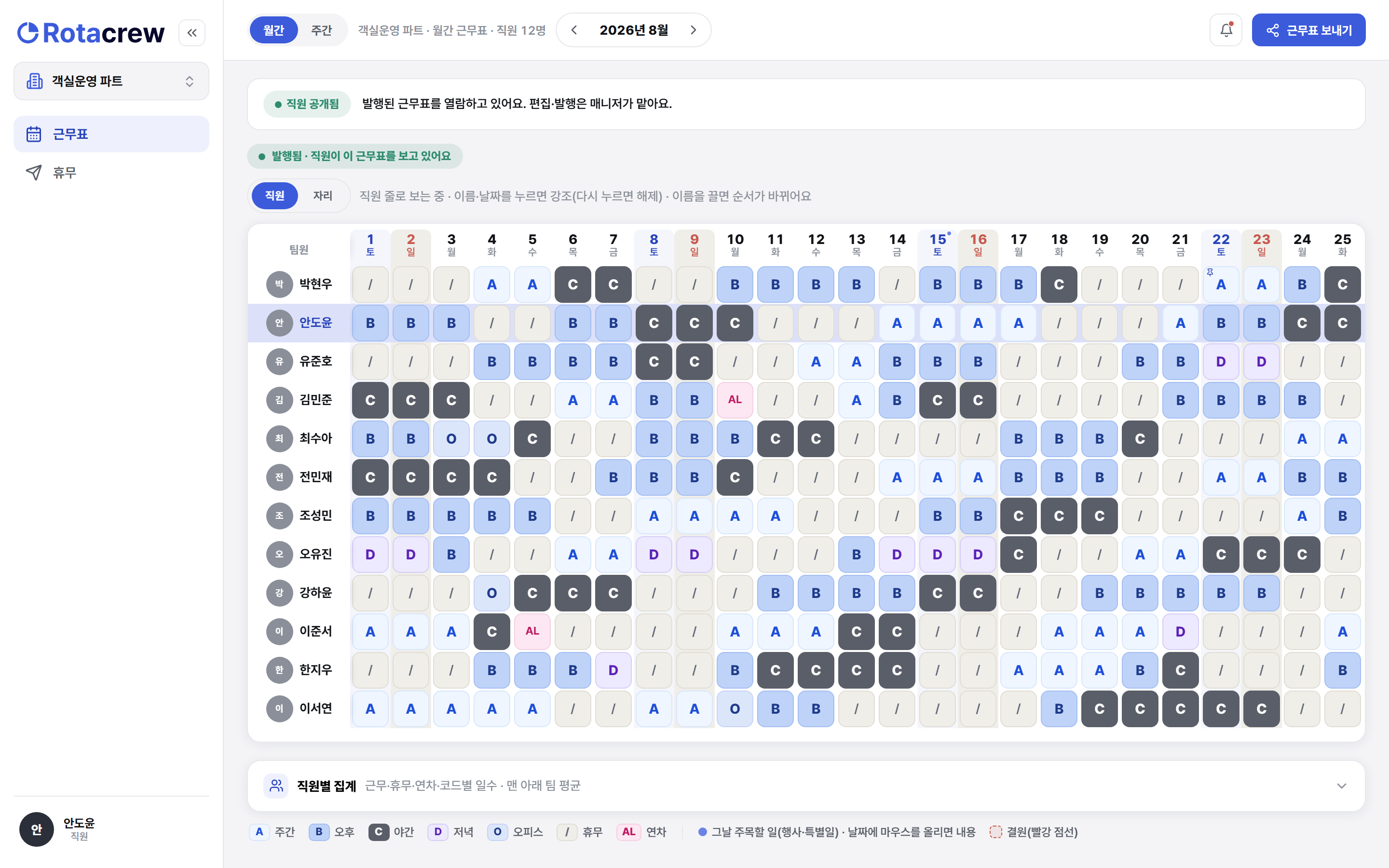 직원 화면. 왼쪽 메뉴에 근무표와 휴무만 남아 있고, 발행된 근무표를 읽기 전용으로 보며 본인 줄이 강조되어 있다.